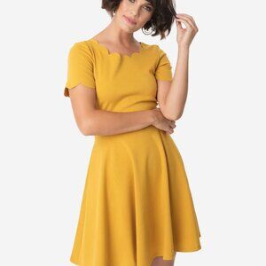 Unique Vintage Smak Parlour Mustard Charmed Fit & Flare Dress - L/10-12